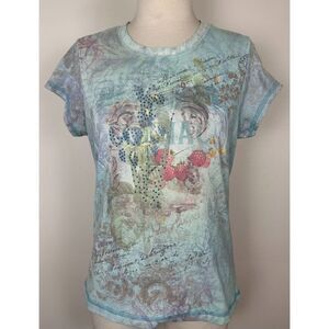 Xcit USA Vtg Top Women Medium Floral Rhinestone T Shirt Y2K Fairy Whimsigoth